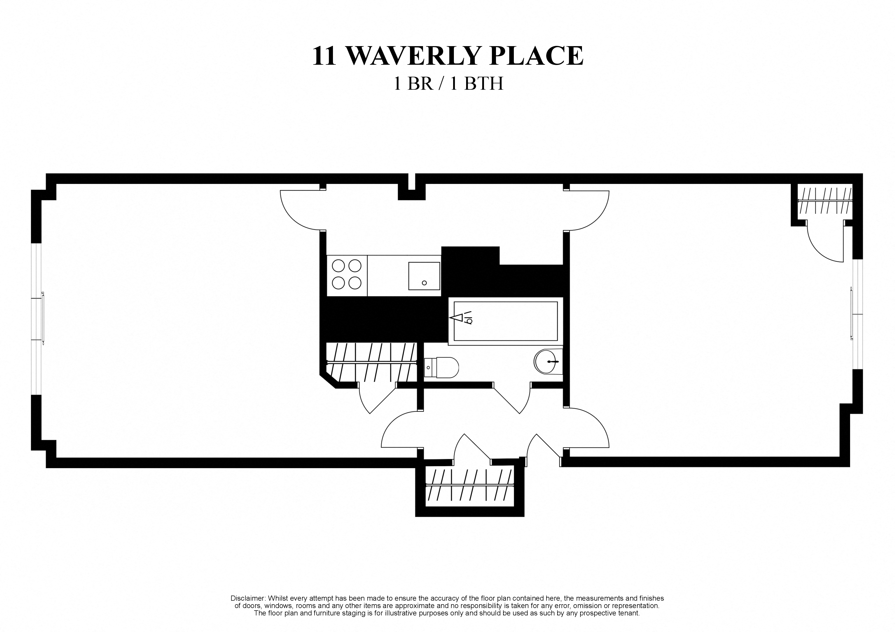 Floor plan for 1 bed, 1 bath, 500 sqft